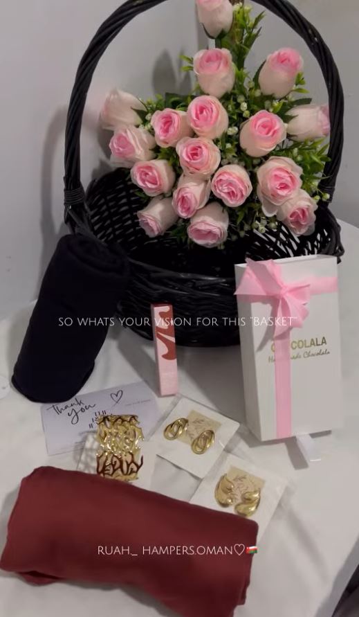 Rose basket with gifts, ready for delivery